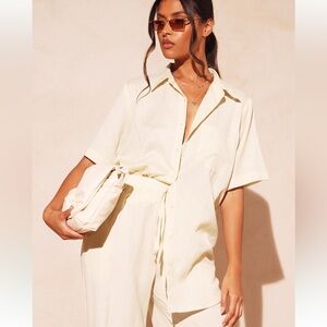 PLT stone linen oversize boxy short sleeve shirt